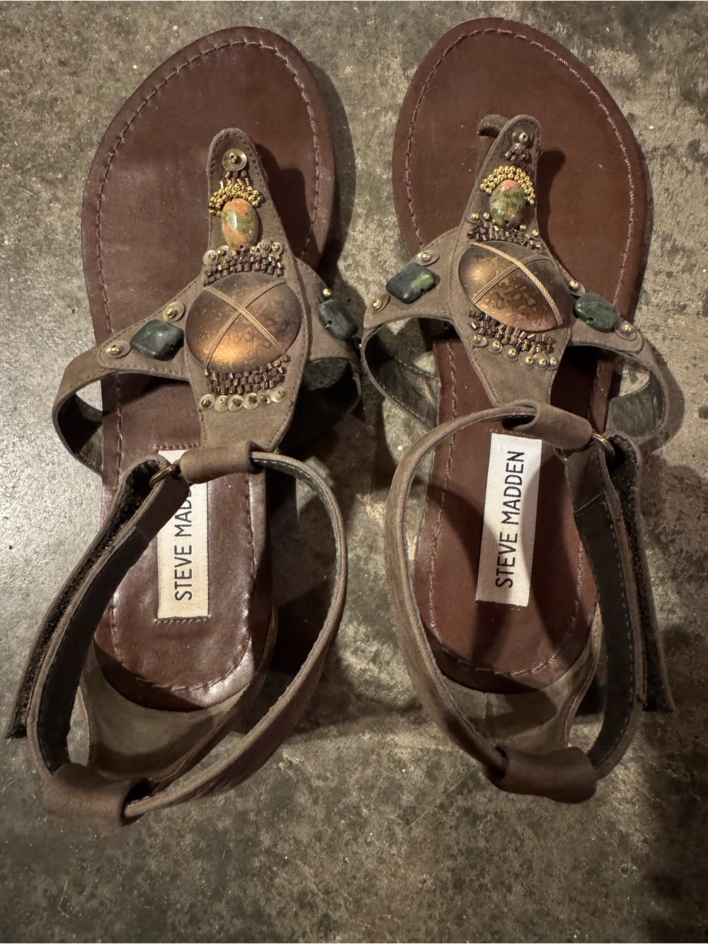 Steve Madden Brown Jeweled T-Strap Sandals